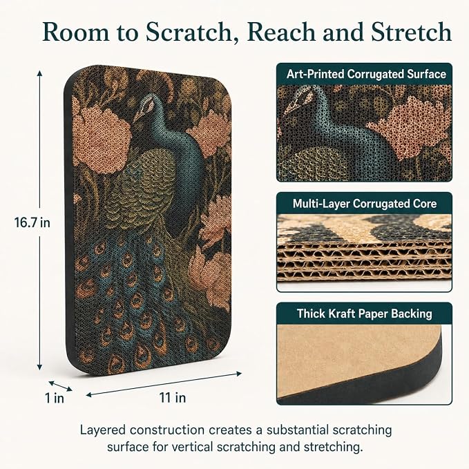 2 Pack Cat Wall Scratcher, Art Cat Scratching Board for Cats | Wall Mounted Cat Scratch Pad, Water-Based Ink, Hook&Loop Strips, Floor or Wall Use, 16.7x11x1 Inch, Butterfly & Peacock - Image 2