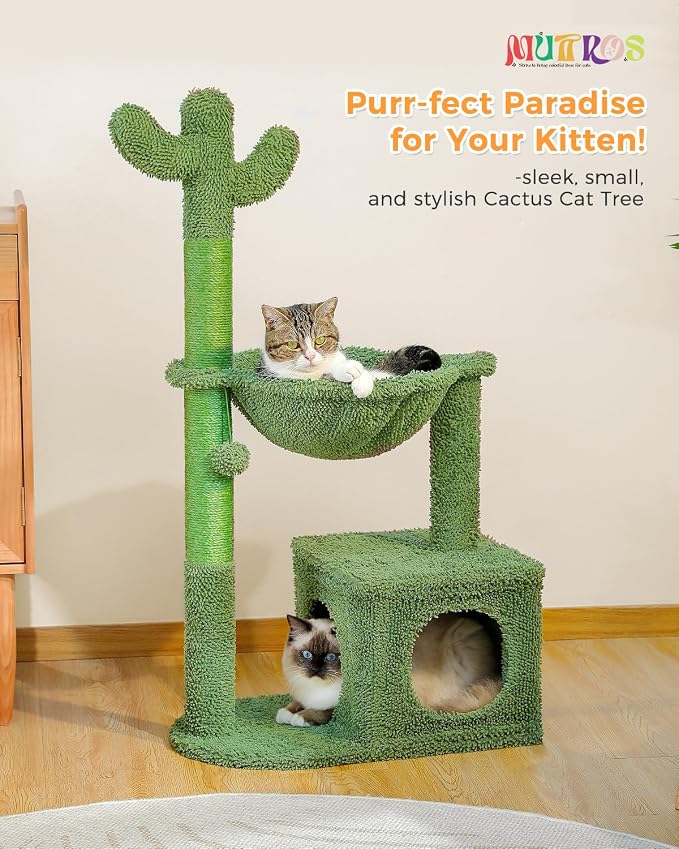 40" Cactus Cat Tree with Hammock, Condo & Sisal Post, Green | Cactus theme, Metal carpet hammock, Cozy indoor condo, Replaceable pompom toy, Sisal wrapped posts, Sturdy base - Image 2