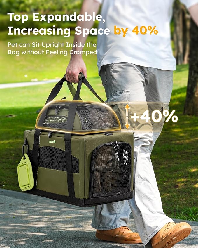 Pecute Cat Carrier,Top Expandable Dog Crate for Travel, Green | 5mm Anti-Collapse Steel Frame, Soft Mesh, Vet Visits, Foldable Travel Crate,Outdoor Hammock, Leakproof Pee Pad & Bowl - Image 3