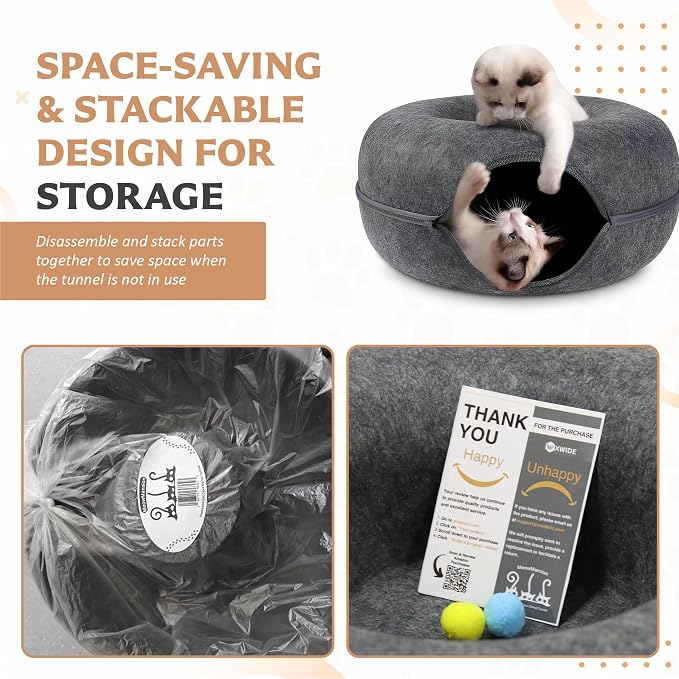 MeowMansion - Indoor Cat Tunnel Bed - Scratch Resistant Peekaboo Cave Donut Shape - Multifunctional Playground, Caves, Toys (Grey) - Image 5