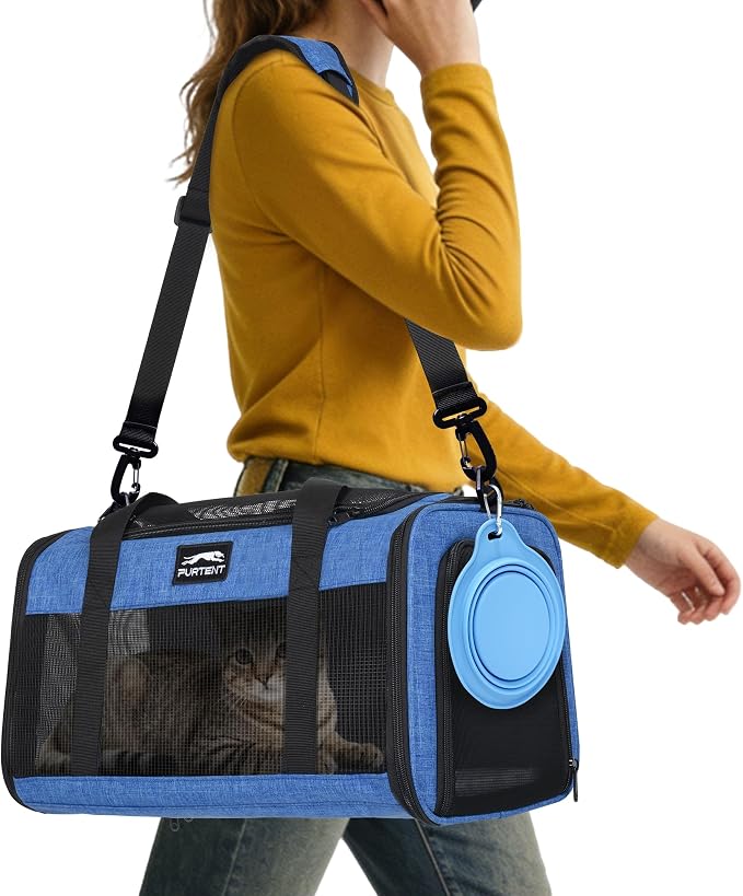 Pet Carrier Airline Approved, Soft Sided Cat Carrier for Small Pets up to 13 lbs, TSA Approved Dog Travel Bag, Portable Soft Sided Pet Carrier for Kittens and Puppies (Blue, Folding Bowl) by FURTENT