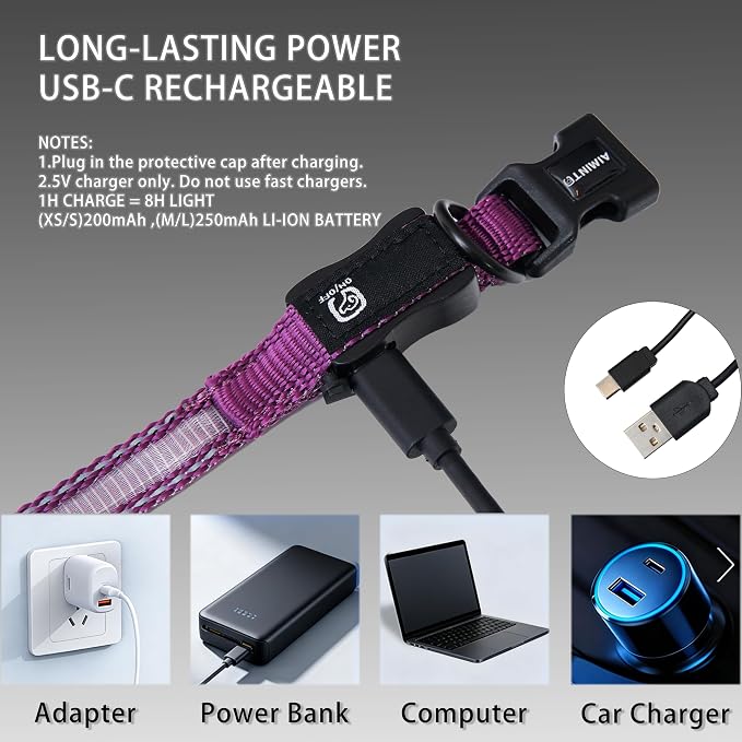 USB Rechargeable LED Dog Collar, Waterproof, Adjustable, Glowing, for Extra Small Dogs, Night Walking, Camping, Jogging, Purple, XS (Neck 9-13", Width 5/8") - Image 5