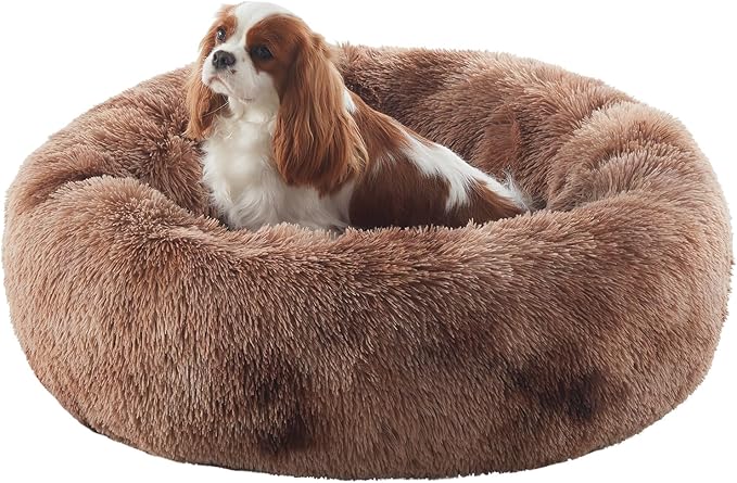 30 in Faux Fur Fluffy Donut Dog Bed for Medium Dogs,Tie-dye Brown | Calming Plush Round Pet Bed with Removable & Washable Cover,Fits up to 45 lbs Pets by BedStillLoveStill