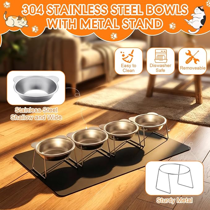 4 Set Elevated Cat Food Water Bowls 15°Tilted Stand Anti Vomiting Raised Dishes with Food Silicone Mat Stainless Steel Whiskers Friendly Cat Bowls for Multiple Cats and Puppy - Image 5