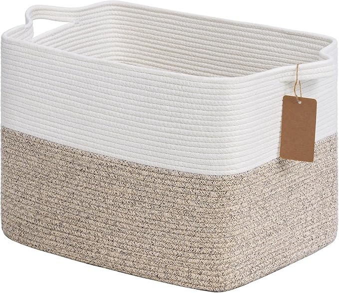 Goodpick 50L Large Woven Rope Storage Basket, Rectangle, Light Brown | 18" × 14" × 12" Stylish Gift Baskets for Living Room & Bedroom Organization, Cotton Rope Basket for Blanket & Toy Storage by Goodpick