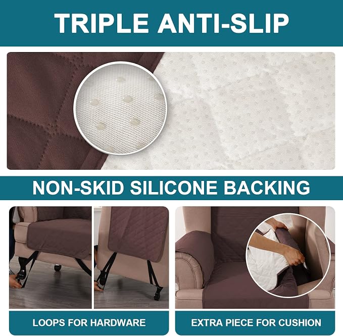 Turquoize 100% Waterproof Wing Chair Cover Wing Armchair Slipcovers Chair Couch Protector Triple Non-Slip Sofa Slipcover for Wing Chair Furniture Protector for Pets, Kids,Dog (Wing Chair, Brown) - Image 4