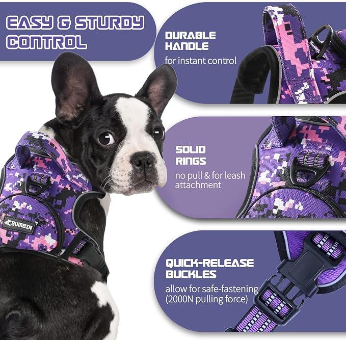 No Pull Dog Harness for Medium Dogs, Adjustable No Choke Pet Vest with Dog Leash Fit Smart Reflective Pet Walking Harness for Training Easy Control Soft Handle Purple Camo M - Image 3
