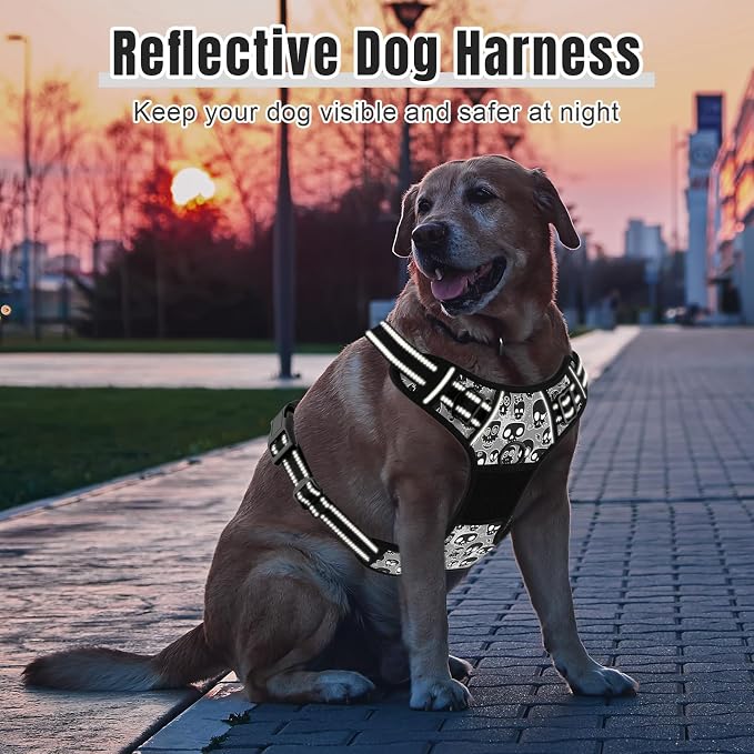 Rnivvi No Pull Dog Harness, Cute Reflective Medium Sized Puppy Kitten Harness, Adjustable Soft Padded Vest for Medium Dogs, Heavy Duty Pet Vest with Easy Control Handle for Walking, Black Skull - Image 6
