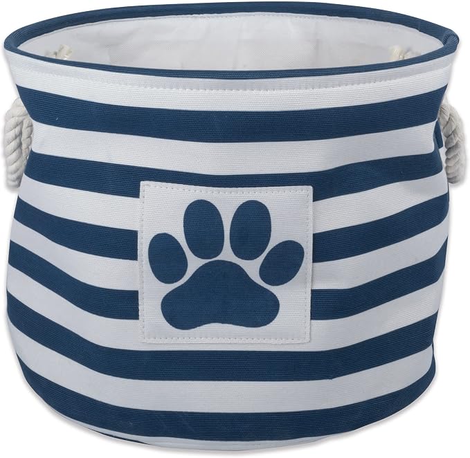 Bone Dry Pet Storage Collection Striped Paw Patch Bin, Large Round, Navy by BoneDry