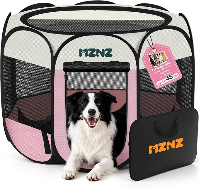 Dog Cat Small Animal Puppy Playpen Crate, Large, Pink | Portable Pop Up Pet Cage Enclosure Tent Kennel Indoor Outdoor with Carrying Case, No Assembly, Camping Use by MZNZ