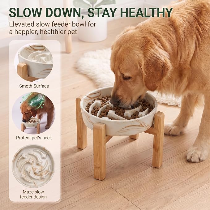 Elevated Ceramic Slow Feeder Dog Bowls Anti-Choking Slow Feeding for Medium& Large Anti-Slip Non-Lead & Toxic Durable Easy to Clean Maze Slow Feeder Bowl（8.66in Marble Brown Stars Pattern） - Image 2