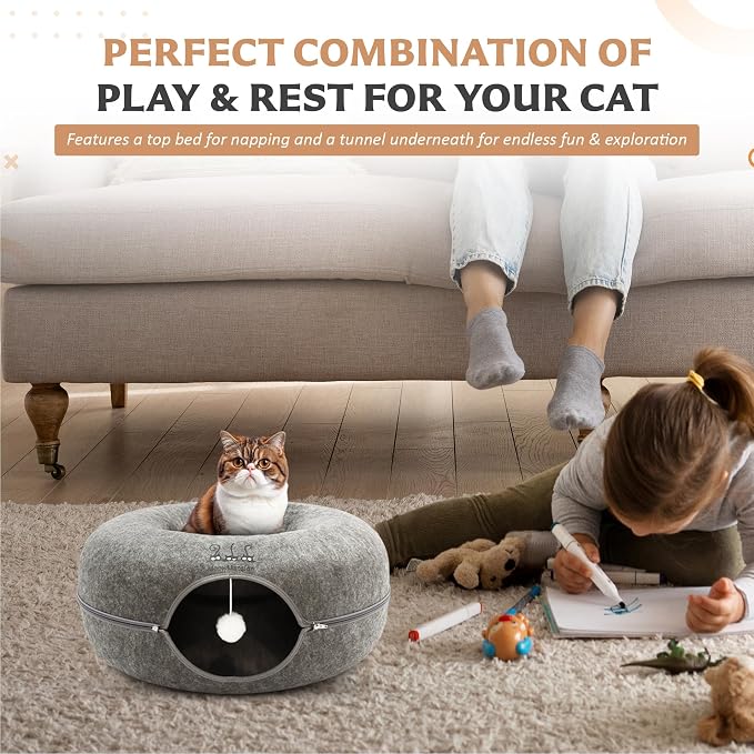 MeowMansion - Indoor Cat Tunnel Bed - Scratch Resistant Peekaboo Cave Donut Shape - Multifunctional Playground, Caves, Toys (Grey) - Image 4