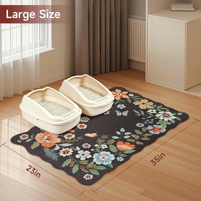 Cat Litter Mat,35"x23" Large Cute Litter Box Mat,Traps 100% Litter | Easy Clean for Scatter Control, Soft on Kitty Paws, Bohe cat food mat,Waterproof Urine Protection, Non-Slip, decor litter mat - Image 7