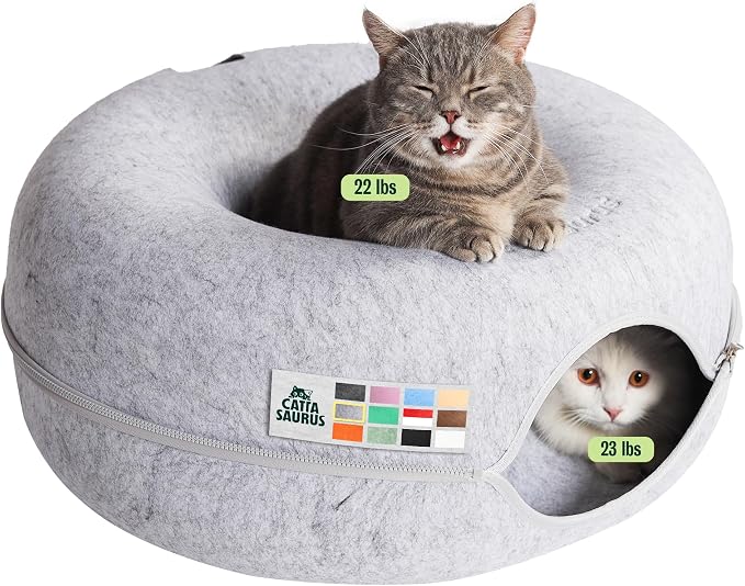 Peekaboo Cat Cave Donut for Multiple & Large Cats up to 30-45 lbs, 3-in-1 Self Warming Cat Bed, Tunnel & Scratcher for Indoor Cats, Washable & Detachable Small Dog Bed (Light Gray, Large) by Cattasaurus