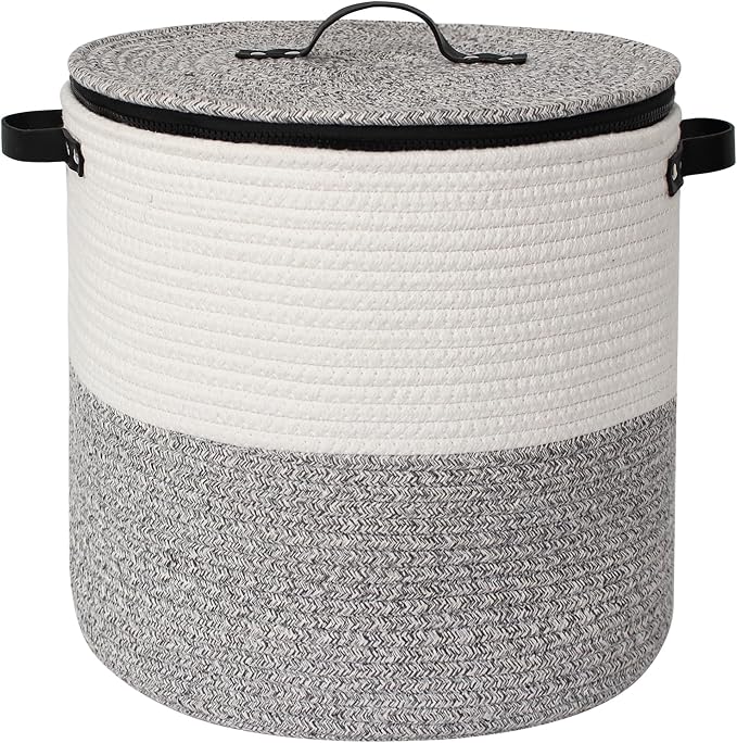 Storage Basket with Lid, 15"x13" Round Woven Blanket Storage for Living Room, Soft Cotton Rope Bin with Zipper Top, Shoe Basket with Lid for Entryway, Floor Kids Dog Toy Bin Box with Cover by Unknown