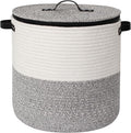 Storage Basket with Lid, 15"x13" Round Woven Blanket Storage for Living Room, Soft Cotton Rope Bin with Zipper Top, Shoe Basket with Lid for Entryway, Floor Kids Dog Toy Bin Box with Cover by Unknown
