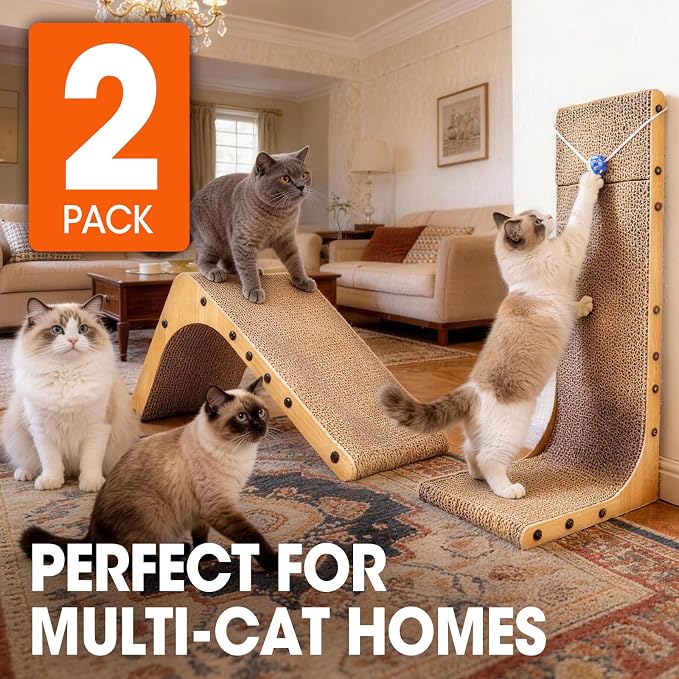 2 Pack Cat Scratcher, 23.6 Inch L Shape Vertical Cat Scratching Board with Ball Toy for Indoor Cats, Large Cat Scratching Post for Wall and Couch - Image 6