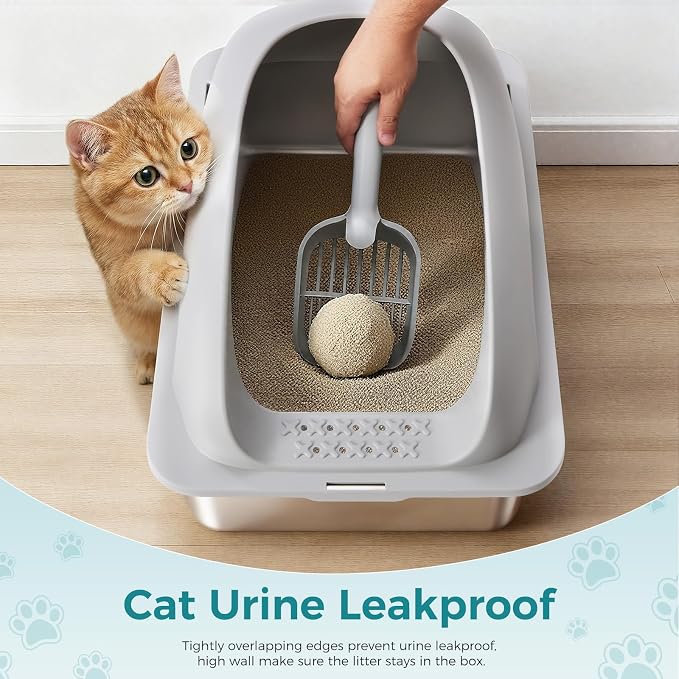 OLIXIS Stainless Steel Large Cat Litter Box with Lid, High Wall Sides | Large Cat Litter Box for Big Cats, Anti-Urine Leakage, Easy Cleaning, Scoop and Mat Included, Light Gray - Image 4
