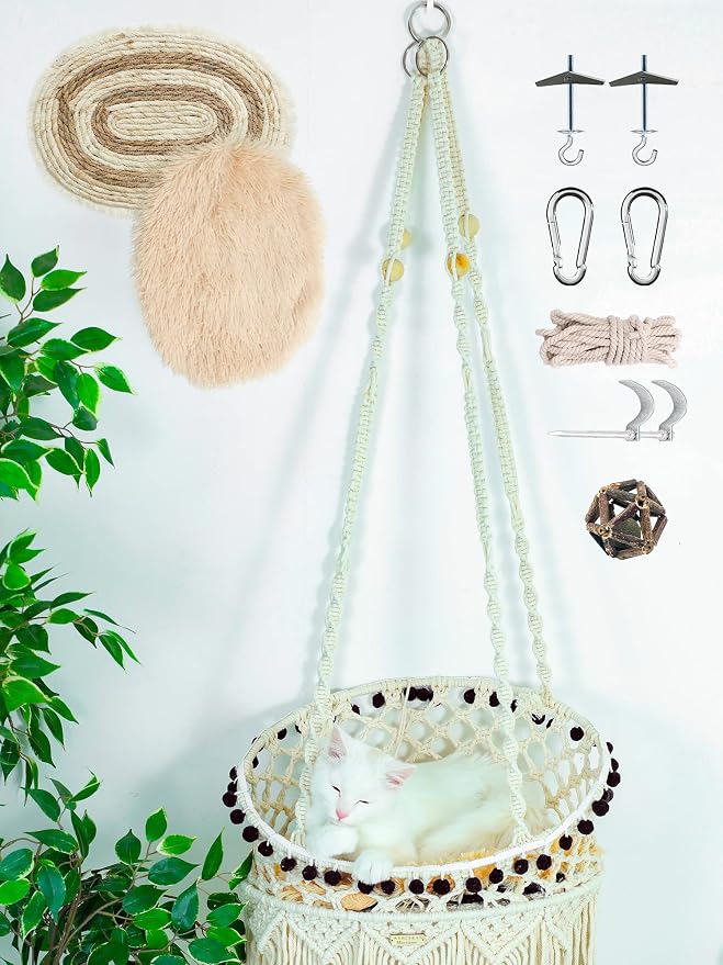 KARCEEY Macrame Cat Hammock - Hanging Cat Bed for Wall & Window - Boho Swing with Full Hardware Kit & Nip Toy - Stable Heavy Duty Design for Large & Senior Felines up to 60lbs - Image 8