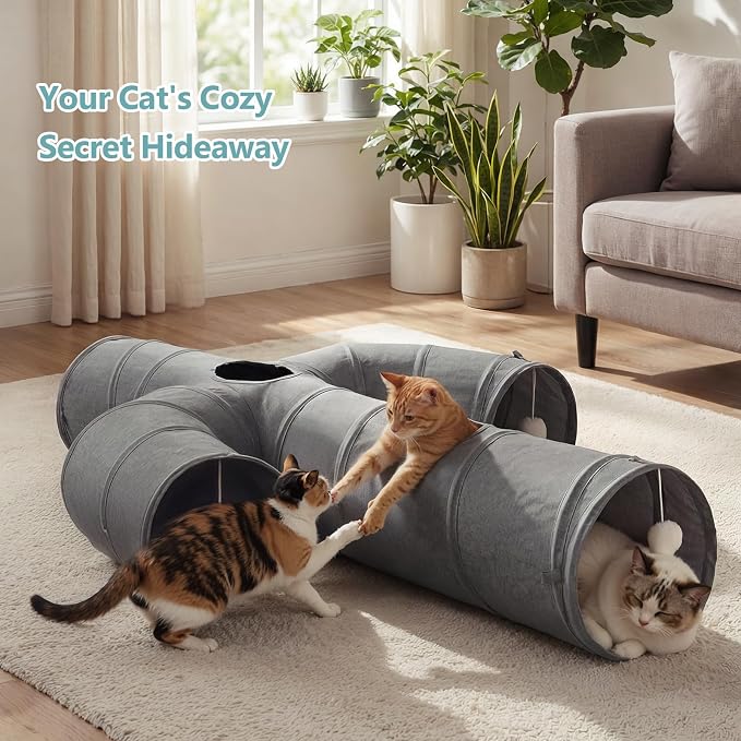 Ownpets Cactus Cat Tunnel 12" with Peek Holes for Indoor Large Cat, Grey | Durable Oxford fabric, noise-free, foldable & connectable, multi-cat friendly, tube for cats up to 20lb, includes ball & wand - Image 5