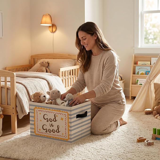 Christian Storage Bins Box, Sweet Faith Collapsible Organizer Basket | cheerful uplifting storage box basket for books clothes, light blue striped organizer for nursery bedroom playroom, 10x14 in - Image 2