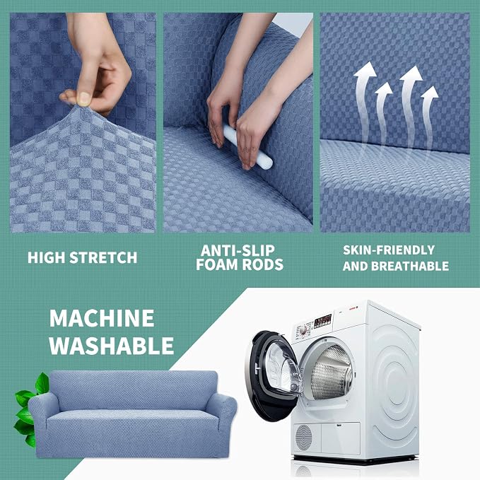 YEMYHOM Couch Cover Latest Jacquard Design High Stretch Sofa Covers for 2 Cushion Couch, Pet Dog Cat Proof Loveseat Slipcover Non Slip Magic Elastic Furniture Protector (Medium, Light Blue) - Image 5