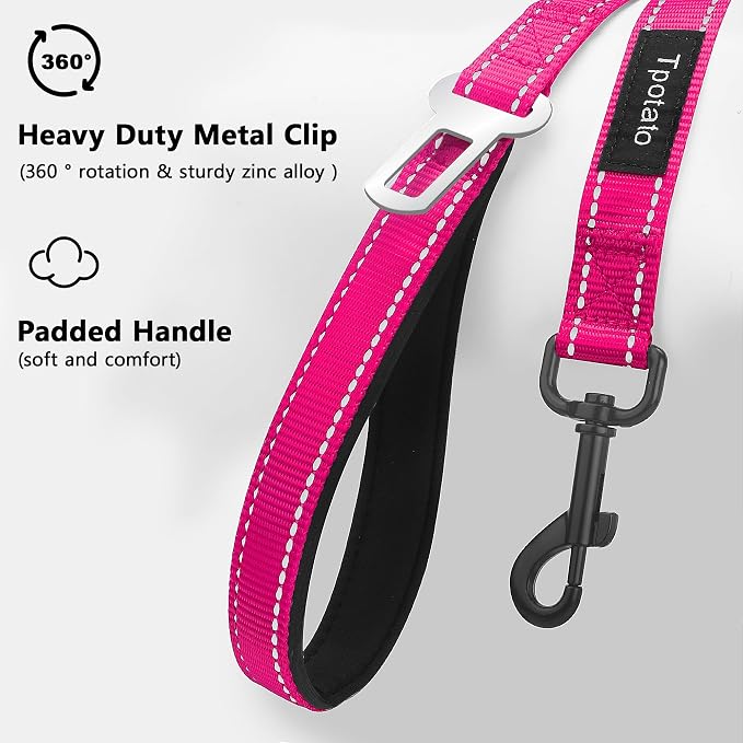 6 Foot Fuchsia Dog Leashes for Large Medium and Small Breed Dogs That Pull,Reflective Nylon Heavy Duty Dog Leash with 2 Comfortable Padded Traffic Handles and Car Seat Belt for Walking and Training - Image 2