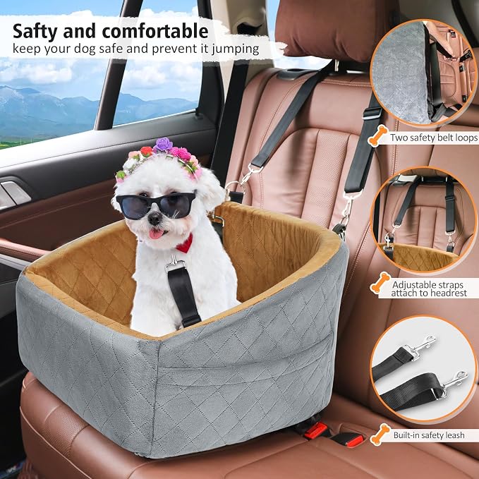 NEEZUKAR Dog Car Seat for Small Medium Dogs,Detachable Washable Dog Booster Seat Under 30lbs, Pet Car Seat Travel Bed with Storage Pockets and Dog Safety Belt(Grey/Brown) - Image 3