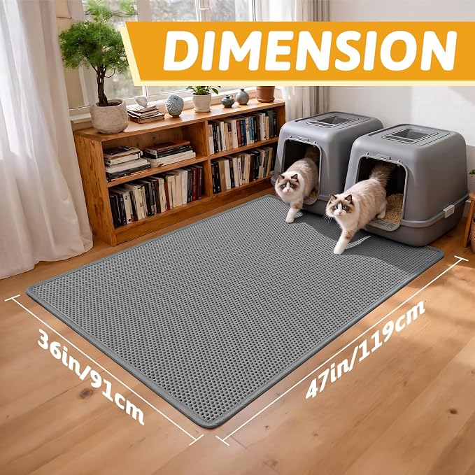 Pieviev Cat Litter Box Mat, Double-Layer Urineproof Design, 47" x 36" Gray | Honeycomb Litter Trapping Mat Captures Scattered Particles to Stop Tracking, Waterproof Base Protects Floors, Easy to Clean - Image 2