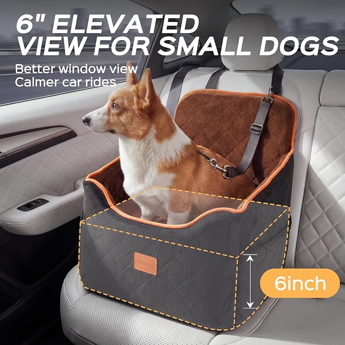 HiPetpy Dog Car Seat 6" Elevated Memory Foam Booster Seat for Small Medium Dogs Under 35 lbs with Pet Blanket, Washable Pet Car Seat with Safety Leash, Anti-Slip Base and Storage Pockets - Image 2