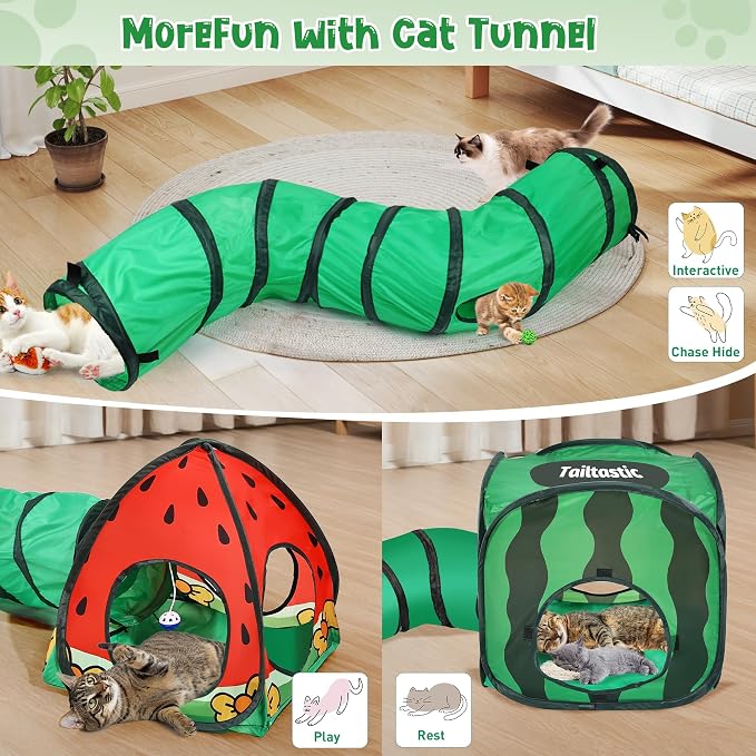 Tailtastic 3-in-1 Watermelon Cat Tunnel with Cube, Tent & Ball for Indoor | 3-way S-tunnel with hide & seek portals & balls, multi-cat cube,30-sec hook-and-loop assembly, foldable for easy storage - Image 4