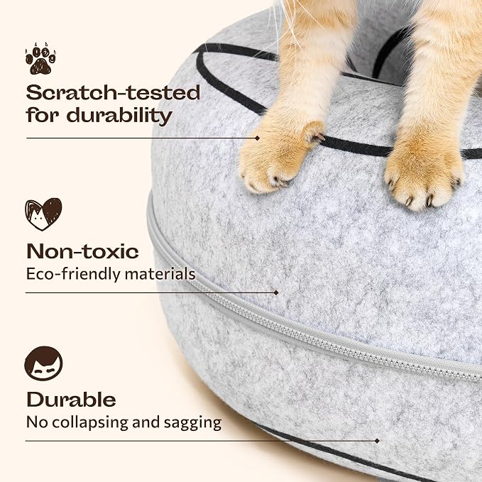 Peekaboo Cat Cave Donut - Cat Tunnel Bed for Indoor Cats – Cute Patterns Hideaway for Multiple & Large Cats, Scratch-Resistant (Light Gray) - Image 6
