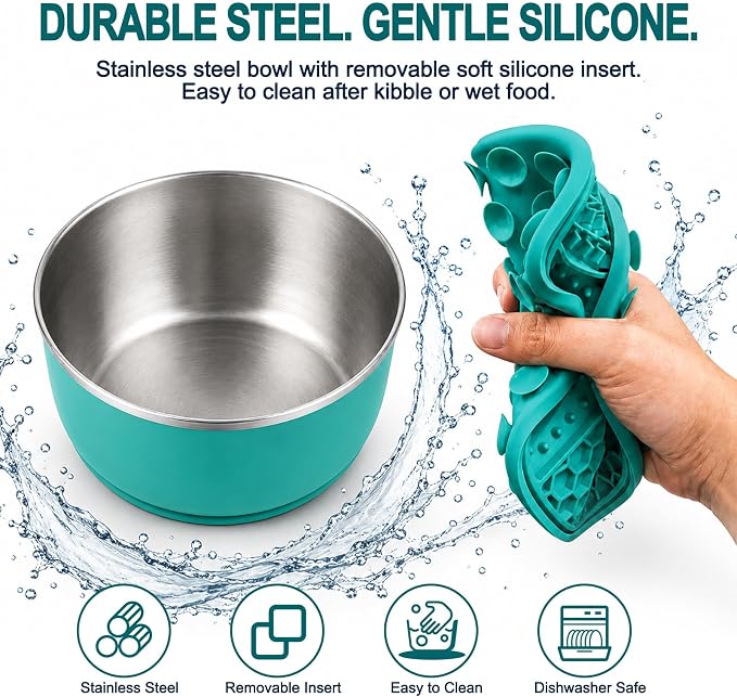 Large Dog Bowl 8 Cups Stainless Steel with Slow Feeder Insert and Lick Mat Storage Lid, 3-in-1 Non-Slip Pet Bowl for Kibble, Wet Food,Travel - Image 4