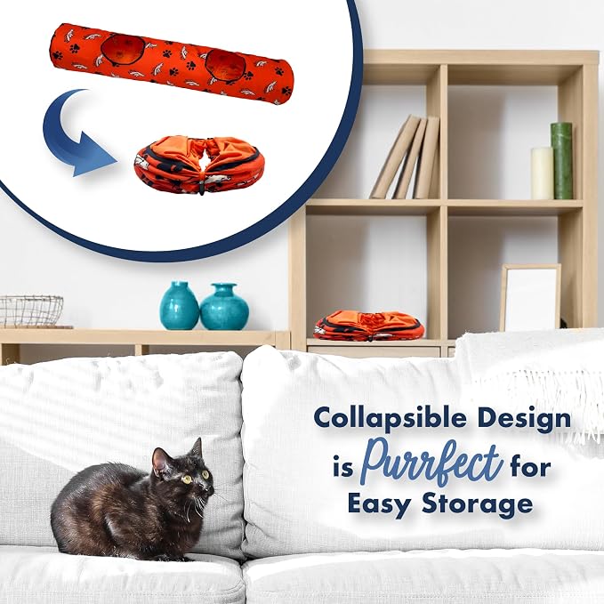 NFL Denver Broncos Cat Tunnel Tube Toy with Plush Football Catnip and Feathers Collapsible Tunnel for Cats to Play, Peek and Hide, Sporty & Fun Cat Tunnel Toy with Team Logo All-Over Design! - Image 7