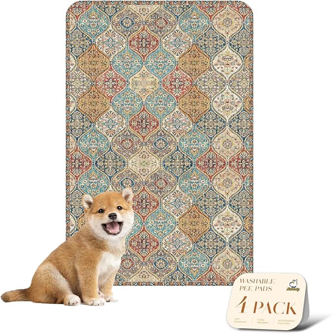 nunubaby 4PACK Washable Pee Pads for Dogs, Stylish, Non-Slip and Leak-Proof Pee Pads. Reusable Potty Pads for Dogs for Crates and Floors.(Cream/Multi,24" x36" ) by Nunubaby
