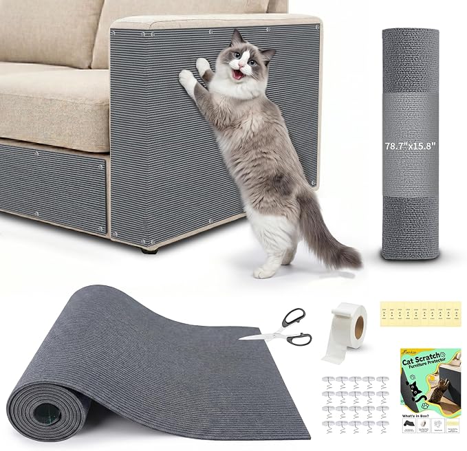 Cat Scratch Furniture Protector: 78.7"x15.8" High Self-Adhesive | Cat Scratch Carpet Trimmable for Couch Scratcher Protector from Claws Scratching Mat Lasts 3-6M 3min Install, LightGray by Finvizo
