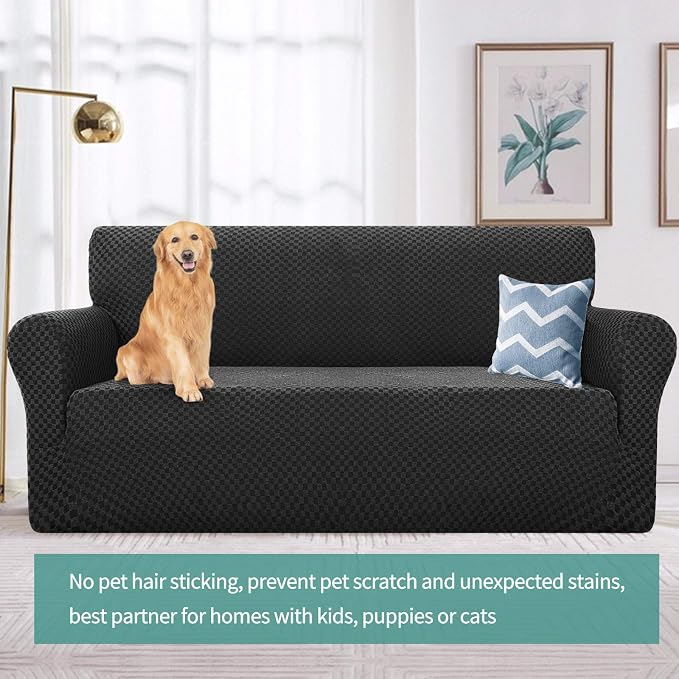 YEMYHOM Couch Cover Latest Jacquard Design High Stretch Sofa Covers for 3 Cushion Couch, Pet Dog Cat Proof Slipcover Non Slip Magic Elastic Furniture Protector (Large, Black Checkered) - Image 2