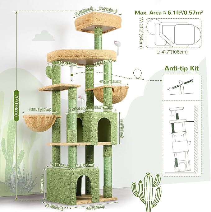 Globlazer Cactus Sturdy Cat Tree for Indoor Cats 20 lbs, S68, Green | 68-inch Large Cat Tower for Adult Big Cats, Heavy Duty Cat Tree with Extra Large Platform, 5 Scratching Post - Image 7