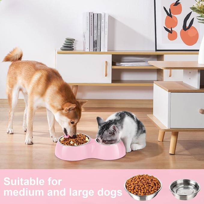 Elevated Dog Bowls Set - Non-Slip Raised Pet Feeder with Medium (10 oz) & Large (20 oz) Stainless Steel Bowls - Includes Durable Resin Stand for Corgi Puppies and Adult Cats - Pink - Image 3