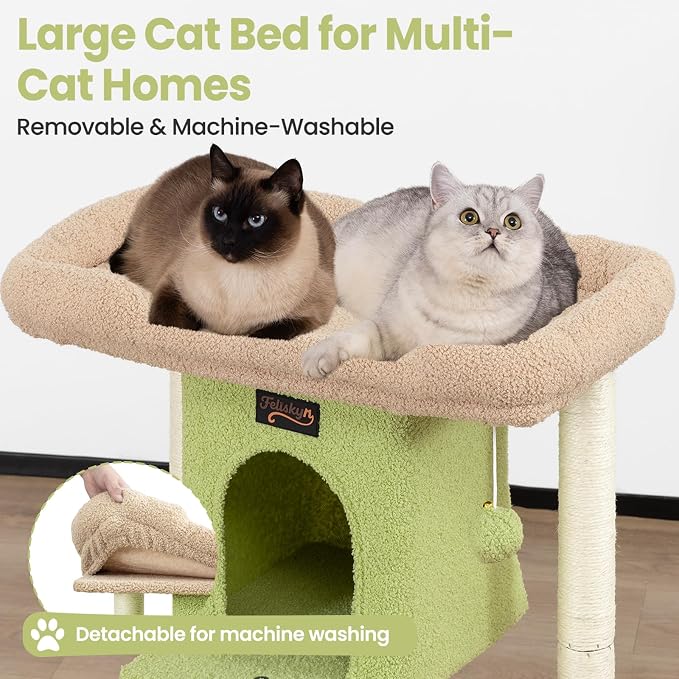 Cat Tree Tower Scratching Post for Indoor Large Adult Cats with Perch Bed | 28in Tall Small Cat Trees House with Big Perch, Condo, Toy Balls, Modern Kitten Climbing Furniture Platform, Green - Image 2