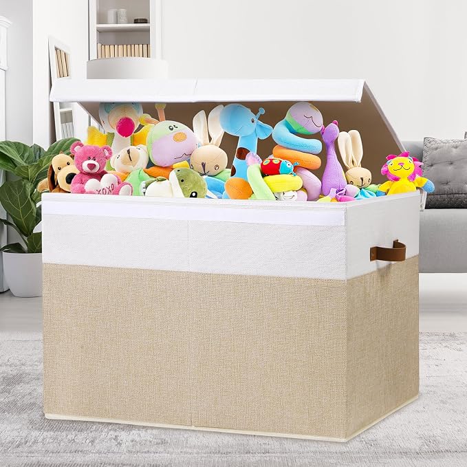 Large Toy Storage Box with Lid, Toy Chest Bin Boxes Basket with Dividers | Sturdy Toy Organizer Bin for Kids, Boys, Girls, Nursery, Living Room, Bedroom, Playroom 26"x17" x17"(Beige and White) - Image 2