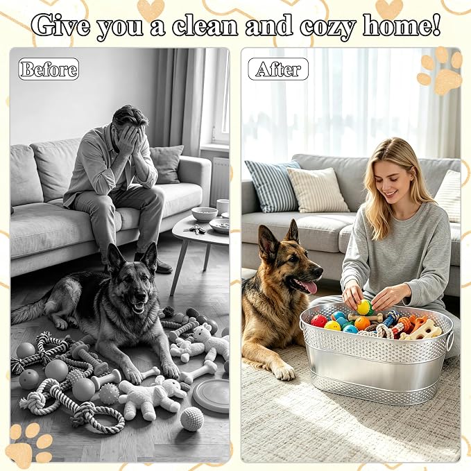 Indestructible Metal Dog Toy Storage Bin, Silver Pet Toy Storage Basket for Living Room Area, Sturdy Chew Proof Puppy Toy Box with Handle, Large Capacity 25 Quart - Image 4