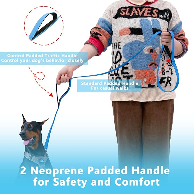 Dog Leash 4ft Long,Double Handle Dog Leash for Control Training | Heavy Duty Dog Leads with Traffic Padded Handles, Reflective Leashes for Small Medium Large Dogs(4ft, Sky Blue) - Image 2