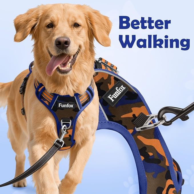 Dog Harness No Pull, Adjustable Pet Vest Harness, Super Soft Material with Vertical Handle Easy Control, Reflective Night Walking, 2 Leash Clips for Large Dogs, Camo Orange, L - Image 3