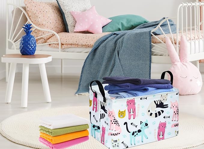 Rectangle Gift Storage Basket Home Shelf Storage Basket Organizer Box Clothes Laundry Hamper Nursery Basket Laundry Basket with Handles (Cat) - Image 6