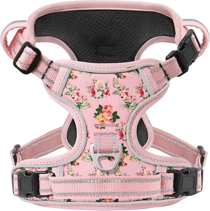 Timos Small Dog Harness, No Pull No Choke, Easy On & Off, Flower Pink, XS | Adjustable Reflective Soft Padded, Neck Quick Release with 3 Buckles, Front & Back 2 Clips and Handle for Walking Training by Timos