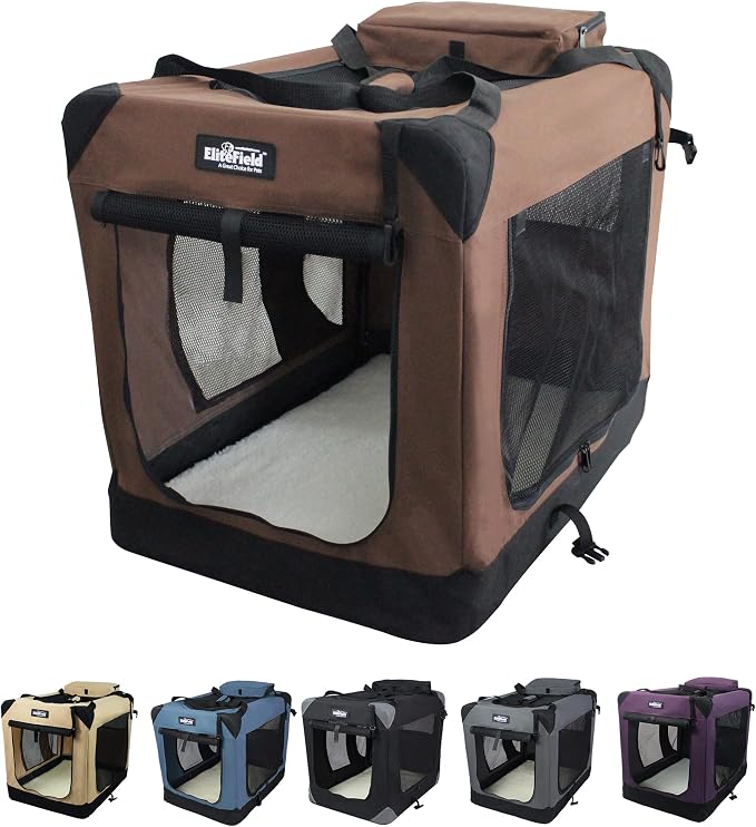 EliteField 3-Door Soft Dog Crate with Bed & Carrying Bag (2-Year Warranty) | 3 Mesh Doors, Steel Frame, Removable & Washable Crate Cover and Bed Cover, Storage Pockets, Indoor/Outdoor, Foldable by EliteField