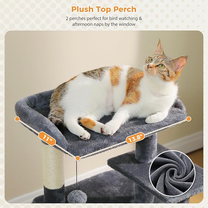 PETEPELA Kitten Cat Tree, 34.6" Small Cat Tower with Ramp & Toys, Deep Grey | Compact 34.6-inch tower with 2 cozy condos, sisal scratch ramp & posts, dangling toys; right-sized for kittens & small cats - Image 6