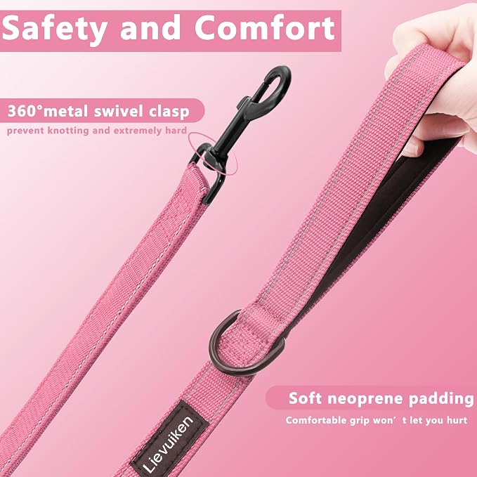 Dog Leash 6.5ft Long,Double Handle Dog Leash for Control Training | Heavy Duty Dog Leads with Traffic Padded Handles, Reflective Leashes for Small Medium Large Dogs(6.5ft, Pink) - Image 3