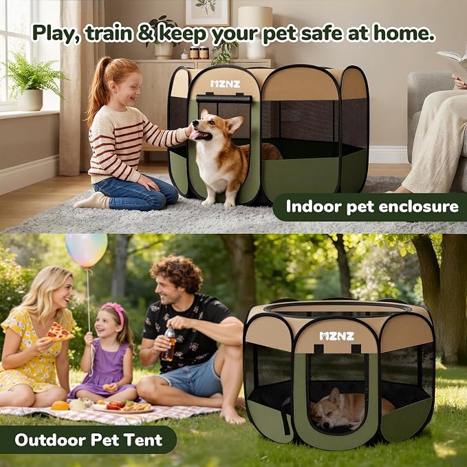 Dog Cat Small Animal Puppy Playpen Crate, Medium, Olive Green | Portable Pop Up Pet Cage Enclosure Tent Kennel Indoor Outdoor with Carrying Case, No Assembly, Camping Use - Image 5